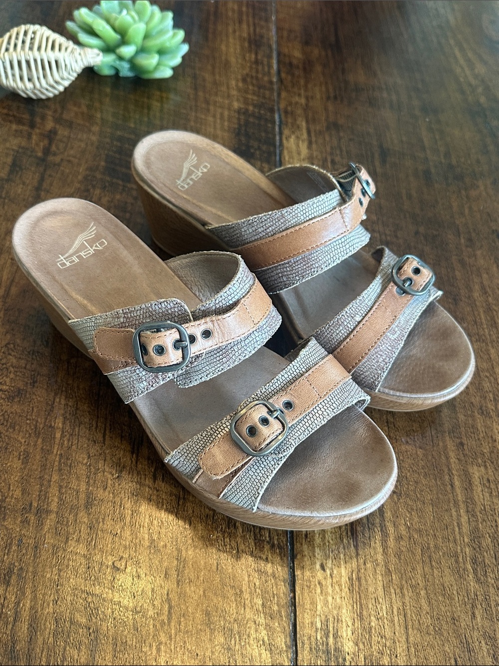 Dansko | Jessie Wedge Sandal Sand Lizard Slip On Double Strap Slide, Size 39